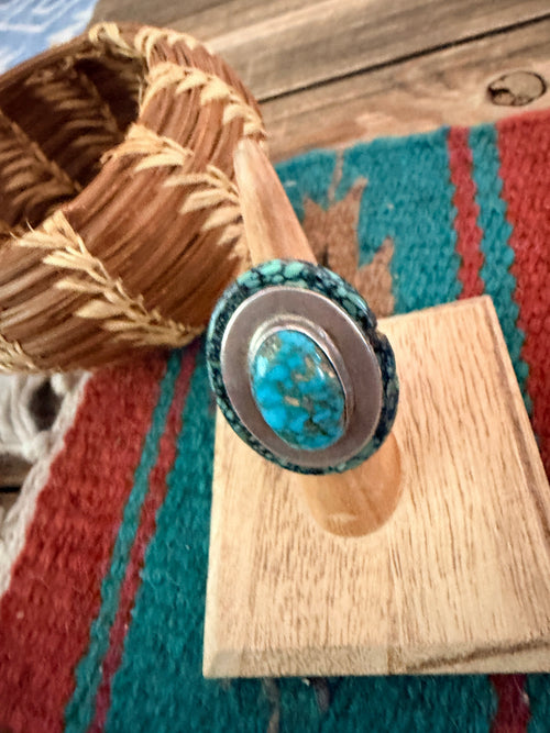 Old Pawn Handcrafted Turquoise & Sterling Silver Ring Size 5.25