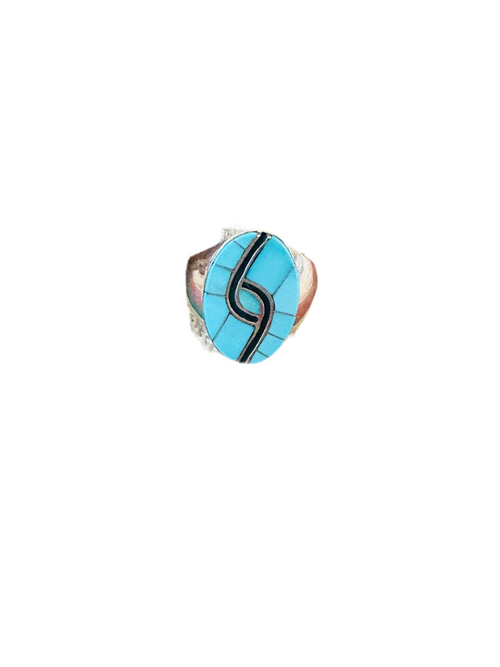 Old Pawn Navajo Sterling Silver, Turquoise & Onyx Inlay Ring Size 9