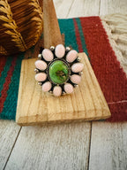 Navajo Sterling Silver, Queen Pink Conch & Turquoise Cluster Adjustable Ring