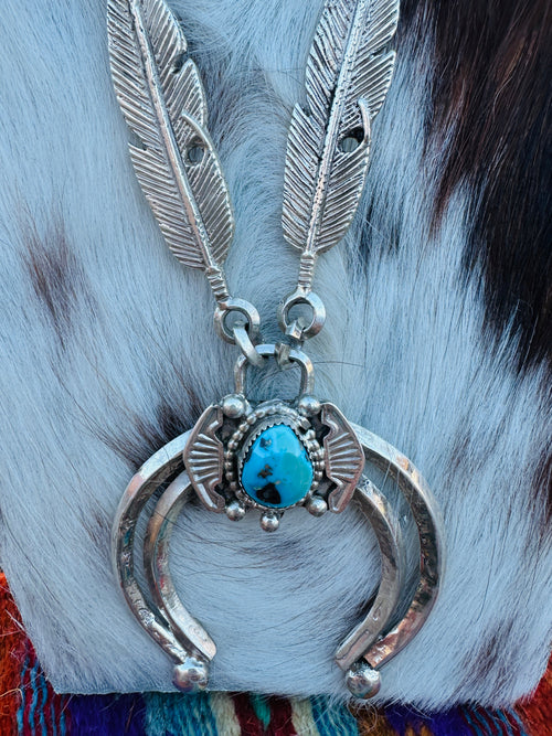 Old Pawn Handcrafted Turquoise & Sterling Silver Feather Naja Necklace