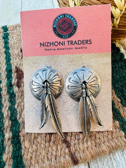 Handcrafted Old Pawn Sterling Silver Feather Concho Dangle Earrings