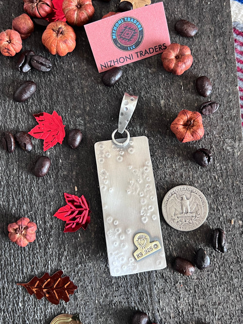 Kimari Somers Hand Stamped Sterling Silver, Copper, Brass & Kingman Turquoise Prickly Pear Cactus Moon Pendant