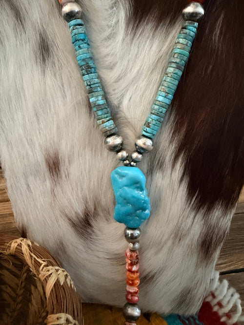 Handcrafted Spiny Oyster, Turquoise & Sterling Silver Beaded Lariat Necklace