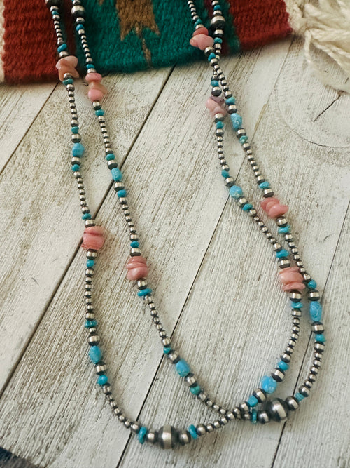 Navajo Queen Pink Conch, Turquoise & Sterling Silver Pearl Beaded Necklace 72”