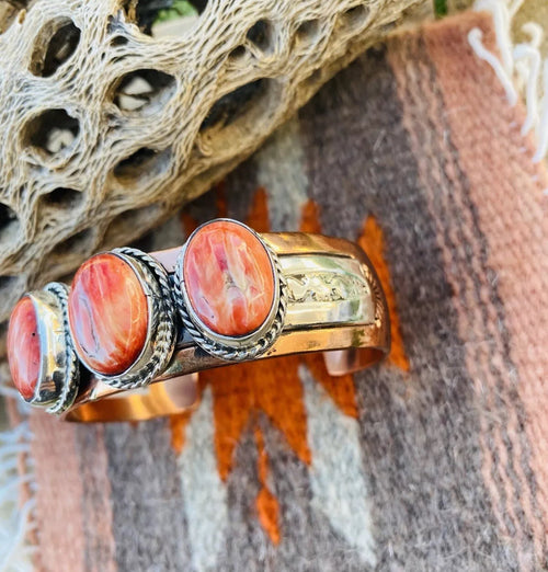 Navajo Orange Spiny, Copper and Sterling Silver Cuff Bracelet