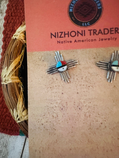 Handcrafted Old Pawn Sterling Silver & Multi Stone Sun Face Stud Earrings