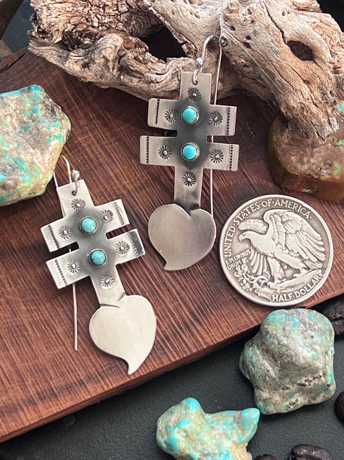 Hand Stamped Sterling Silver Dragonfly Cross Heart Dangle Earrings with Kingman Turquoise by Kimari Somers, Squared Bars