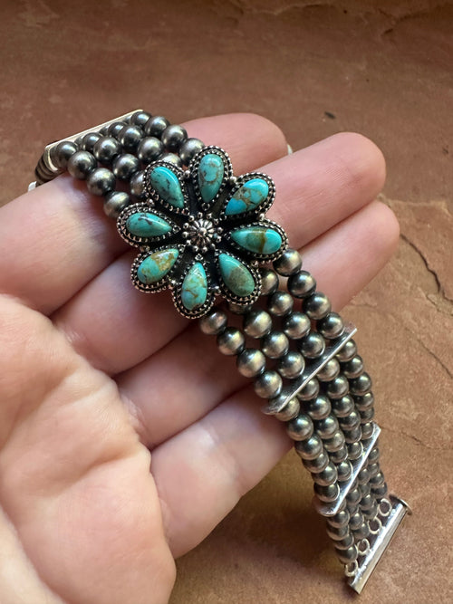 Handmade Sterling Silver & Turquoise Beaded Navajo Pearl Style Bracelet