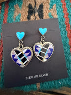 Old Pawn Handcrafted Sterling Silver & Multi Stone Inlay Heart Dangle Earrings