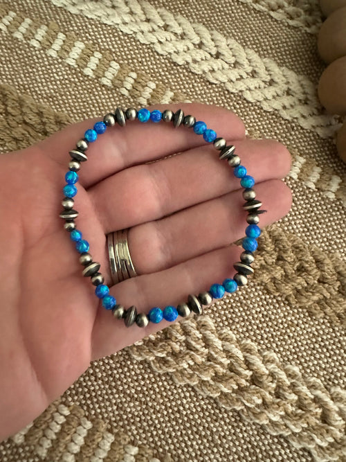 Handmade Blue Fire Opal & Sterling Silver Beaded Bracelet