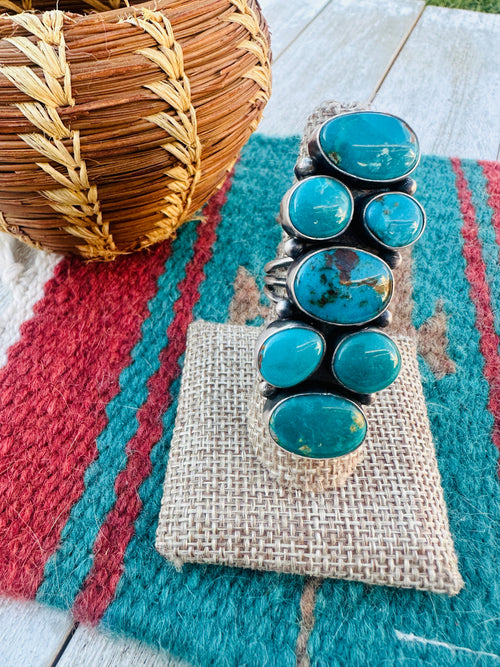 Old Pawn Handcrafted Turquoise & Sterling Silver Cluster Ring Size 8