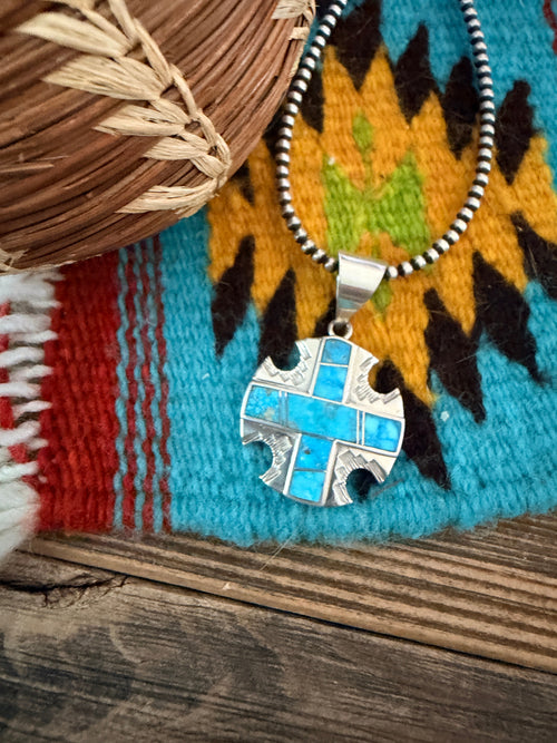 Old Pawn Handcrafted Inlay Turquoise & Sterling Silver Cross Pendant