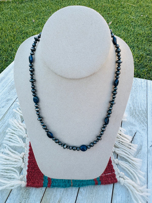 Sterling Silver Pearl & Lapis 18” Beaded Necklace