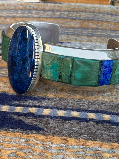 Old Pawn Lapis and Malachite Inlay Cuff by artists Michael and Causandra Dukepoo