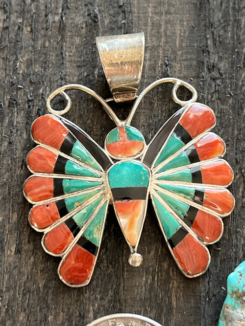 Vintage Zuni Sterling Silver, Turquoise, Spiny Oyster Shell and Jet Inlay Butterfly Pendant by Sara Edaakie