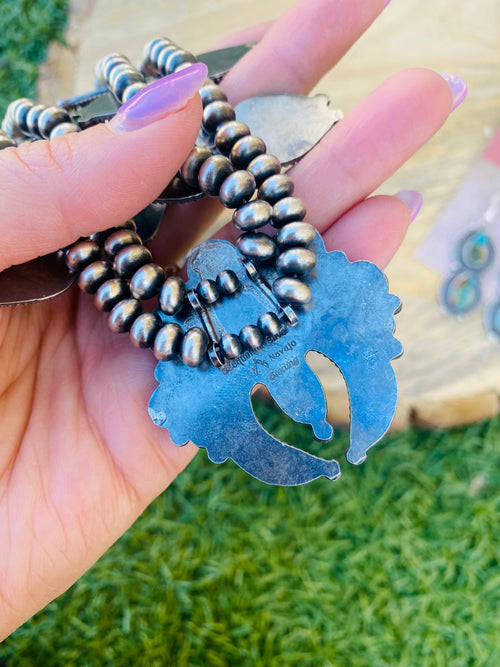 Handcrafted Sterling Silver & Royston Turquoise Beaded Squash Style Necklace Set by Jaqueline Silver