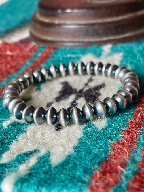 Vinita Cowboy Navajo Handmade 5mm Sterling Silver Beaded Stretch Bracelet