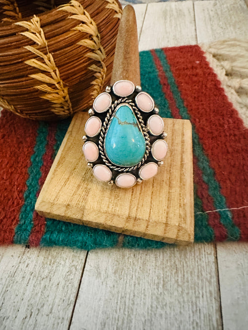 Navajo Sterling Silver, Queen Pink Conch & Turquoise Cluster Adjustable Ring