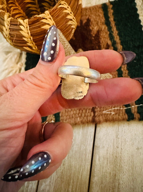 Old Pawn Handcrafted Coral & Sterling Silver Ring Size 8.5