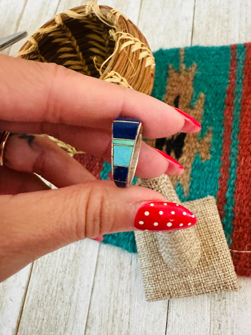 Old Pawn Navajo Sterling Silver, Lapis & Turquoise Inlay Band Ring Size 6