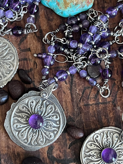 Tularosa Rosary Style Sterling Silver and Amethyst Relic Coin Necklace