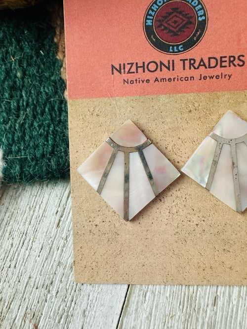 Old Pawn Zuni Mother of Pearl & Sterling Silver Inlay Earrings