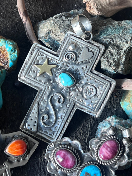 Hand Stamped Sterling Silver & Turquoise Cross Pendant by Kimari Somers