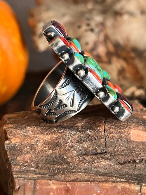 Electric Rainbow Handcrafted Turquoise and Spiny Oyster Cluster Ring by Bernyse Chavez, Adjustable