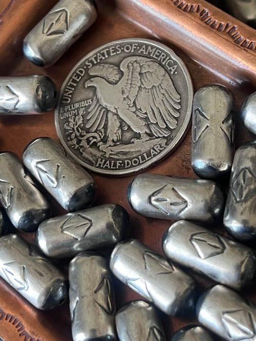 Handmade Stamped Sterling Silver Barrel Beads, Intersection