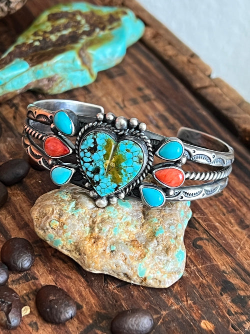Handcrafted Split Sterling Silver, Kingman Turquoise Heart & Spiny Oyster Cuff Bracelet by Diane Wylie