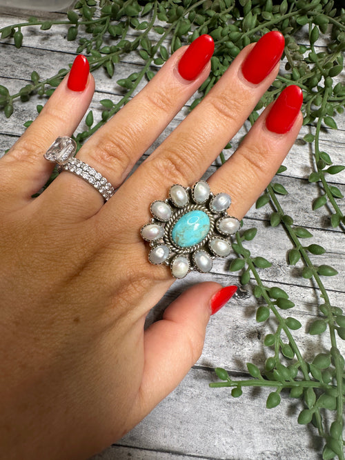 Beautiful Handmade Mother of Pearl, Turquoise And Sterling Silver Adjustable Ring