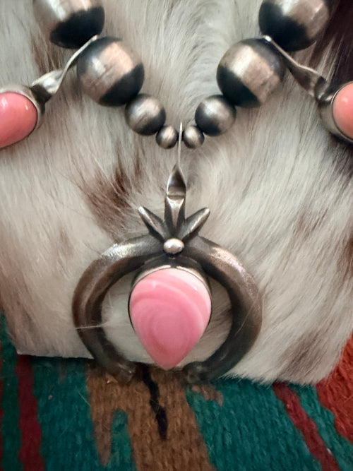 Handcrafted Sterling Silver & Queen Pink Conch Squash Blossom Necklace by Chimney Butte