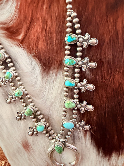 Handcrafted Sonoran Mountain Turquoise & Sterling Silver Beaded Squash Blossom Necklace by Adrienne Gordon