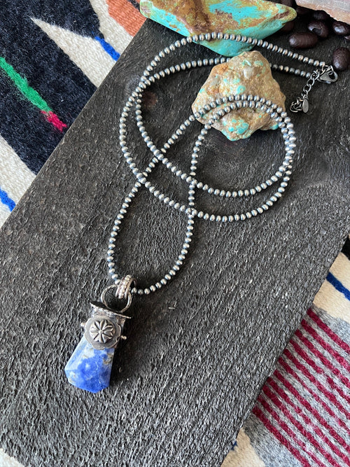 Sterling Silver Gem Collector 30” + 2” Beaded Necklace w/ Sodalite & Rosette Pendant