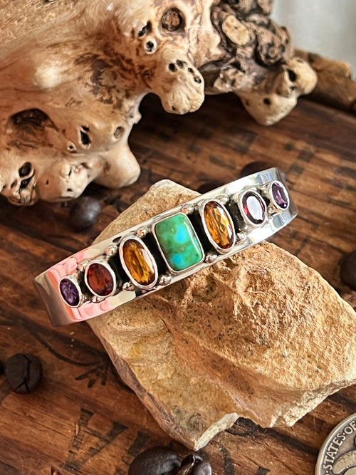 Navajo Made Sterling Silver Gems & Jewels Stacker Cuff Bracelet by Lucy Jake, Wider