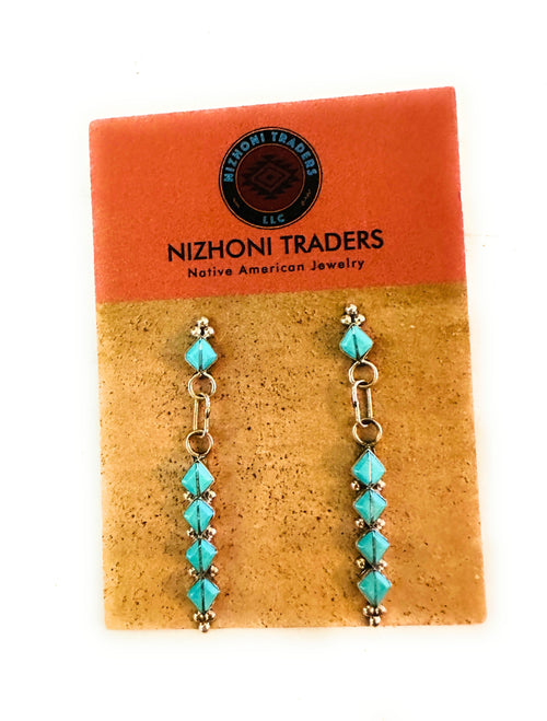 Zuni Sterling Silver & Turquoise Inlay Dangle Earrings