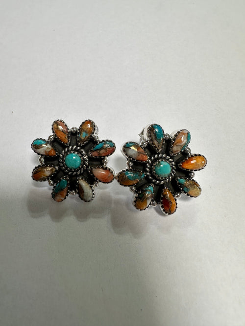 Handmade Sterling Silver, Spice, Turquoise Post Cluster Earrings Signed Nizhoni