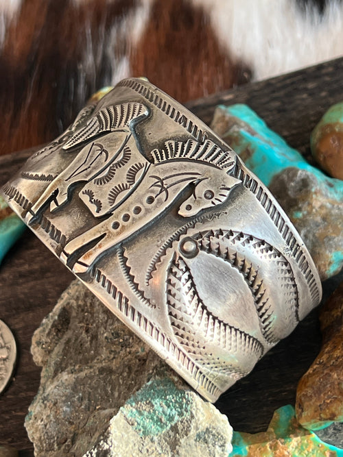 Hand Forged Old Pawn Sterling Silver Ingot Cuff Bracelet by Santa Fe Artist, Buffalo: The Equine