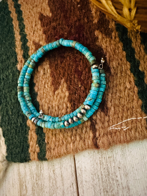 Navajo Turquoise & Sterling Silver Pearl Beaded Wrap Bracelet