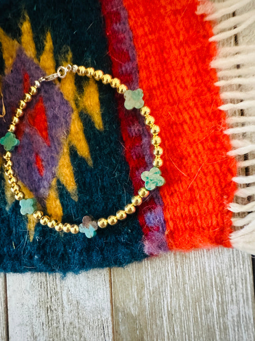 Navajo Gold Plated Sterling Silver Pearl & Turquoise Beaded Bracelet