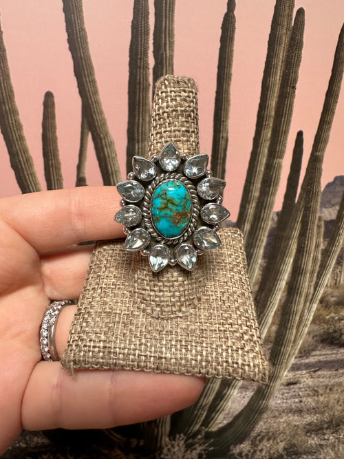 Beautiful Handmade Sonoran Mountain Turquoise , CZ And Sterling Silver Adjustable Ring