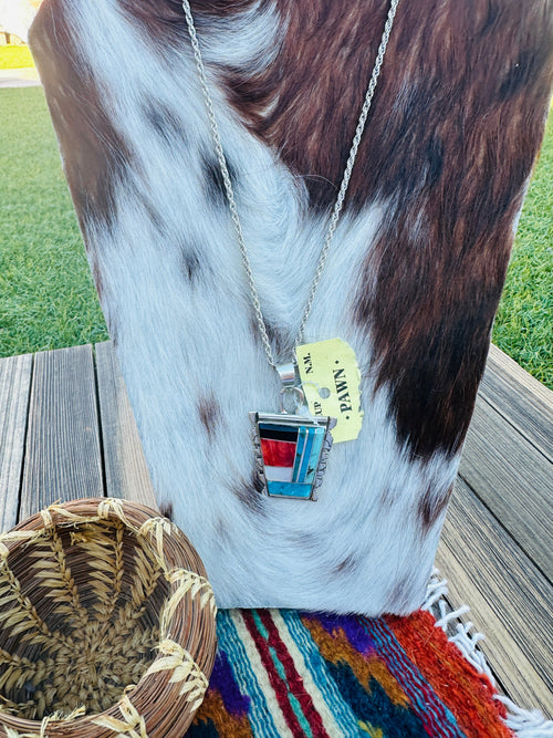 Old Pawn Handcrafted Sterling Silver and Multi Stone Inlay Necklace