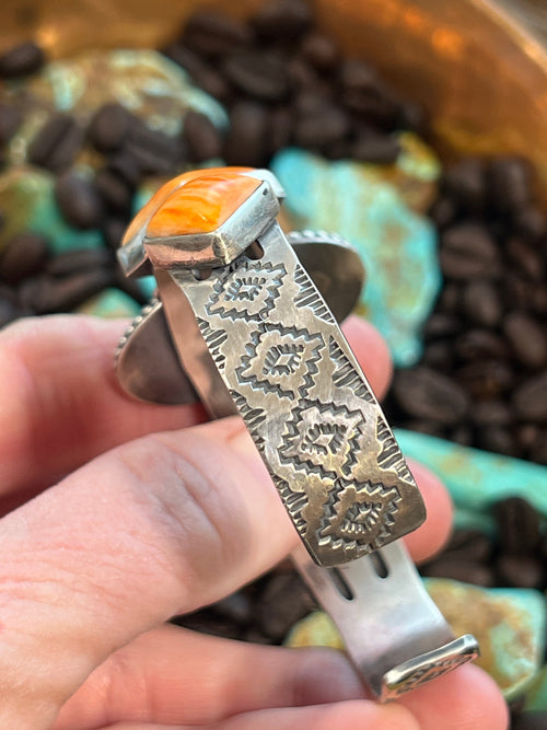 Apache Sterling Silver and Orange Spiny Oyster Shell Geometric Row Cuff by Rosella Paxson