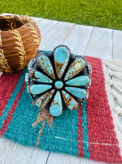 Handcrafted Old Pawn Sterling Silver & Turquoise Cluster Cuff Bracelet by Anthony Skeets