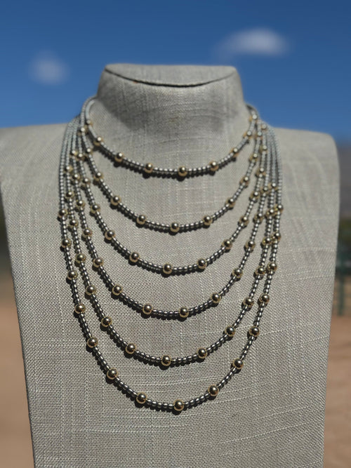 Navajo Sterling Silver & Gold Beaded Necklace 4mm - 5mm