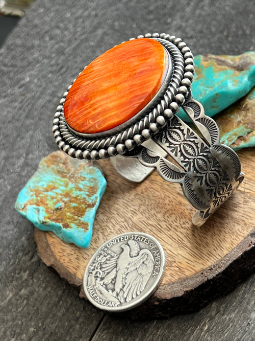 Navajo Hand Stamped Sterling Silver Split Cuff Bracelet with Spiny Oyster Shell by Murphy Platero