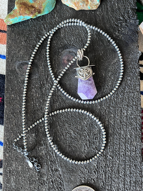 Sterling Silver Gem Collector 30” + 2” Beaded Necklace w/ Amethyst & Heart Pendant