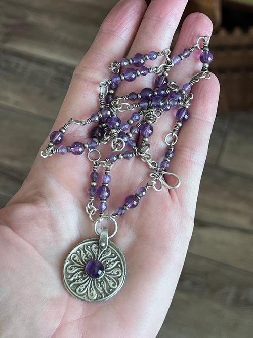 Tularosa Rosary Style Sterling Silver and Amethyst Relic Coin Necklace