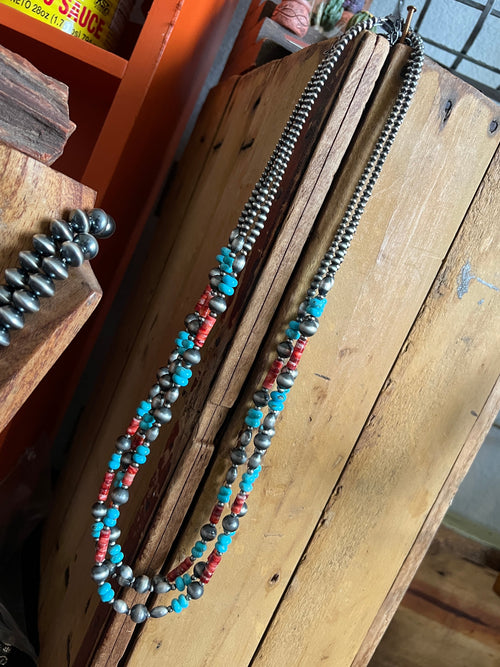 Bohemian Bliss Beaded Layering Necklace with Sterling Silver, Spiny Oyster Shell and Turquoise, 24” + 1.5”