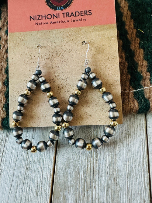 Navajo Gold & Sterling Silver Pearl Beaded Dangle Hoop Earrings